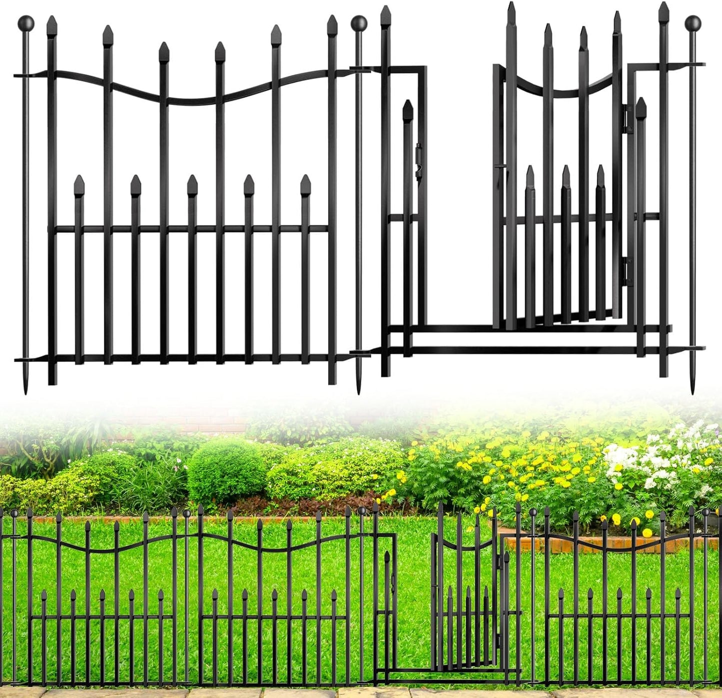 5 Panels No Dig Decorative Garden Fence with Gate, 24in(H) × 11ft(L) Heavy-Duty Rustproof Metal Panels, Outdoor Dog Barrier for Yard & Patio, Landscape, Border| Portable Temporary Fencing