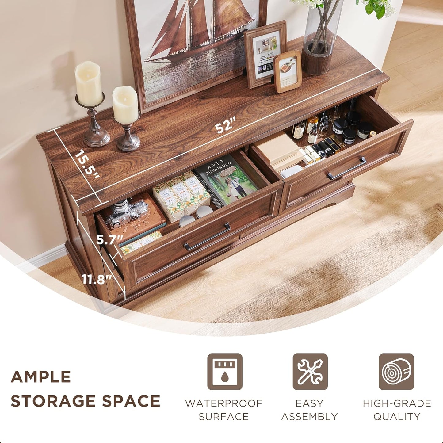 Farmhouse 6 Drawer Dresser for Bedroom, 52 Inch Wide Modern Dresser TV Stand with Large Drawers & Bar Handles, Rustic Wood Chest of Drawers for Bedroom, Living Room, Hallway, Brown