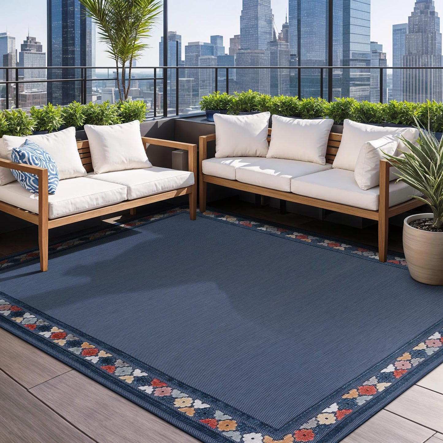 Beverly Rug Outdoor Rug 9x12 Modern Bordered Large Area Rugs for Indoor and Outdoor Patio Easy to Clean Non Shedding Living Room Porch Garden Washable Outside Carpet (9 x 12 Blue)