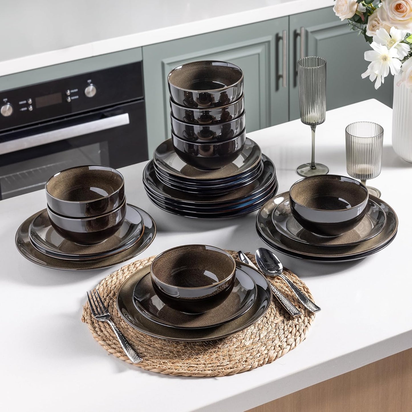 LERATIO Ceramic Dinnerware Sets for 8,Stoneware Plates and Bowls Sets,Handmade Reactive Glaze Dishes Set,Chip Resistant and Scratch Resistant | Oven&Dishwasher & Microwave Safe-Chestnut(24PCS)