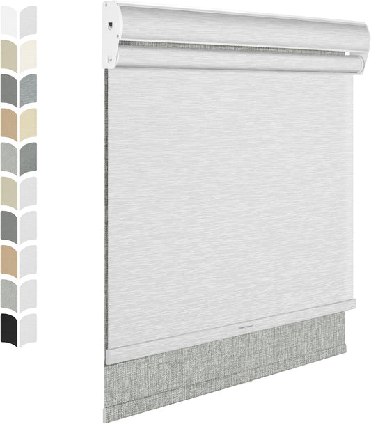 BERISSA Cordless Dual Roller Shades with Cassette Valance, Double Window Shades - Blackout and Light Filtering, Day and Night for Home Office Door. Linen Grey and White. 49 W x 72" H
