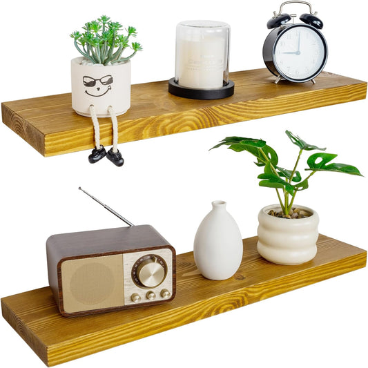 BGMG Wood Floating Shelves for Wall 30 inch Set of 2, Rustic Wooden Wall Mount Shelves for Living Room Bedroom Kitchen Farmhouse -30x6.7x1.25 inch- Gold Oak