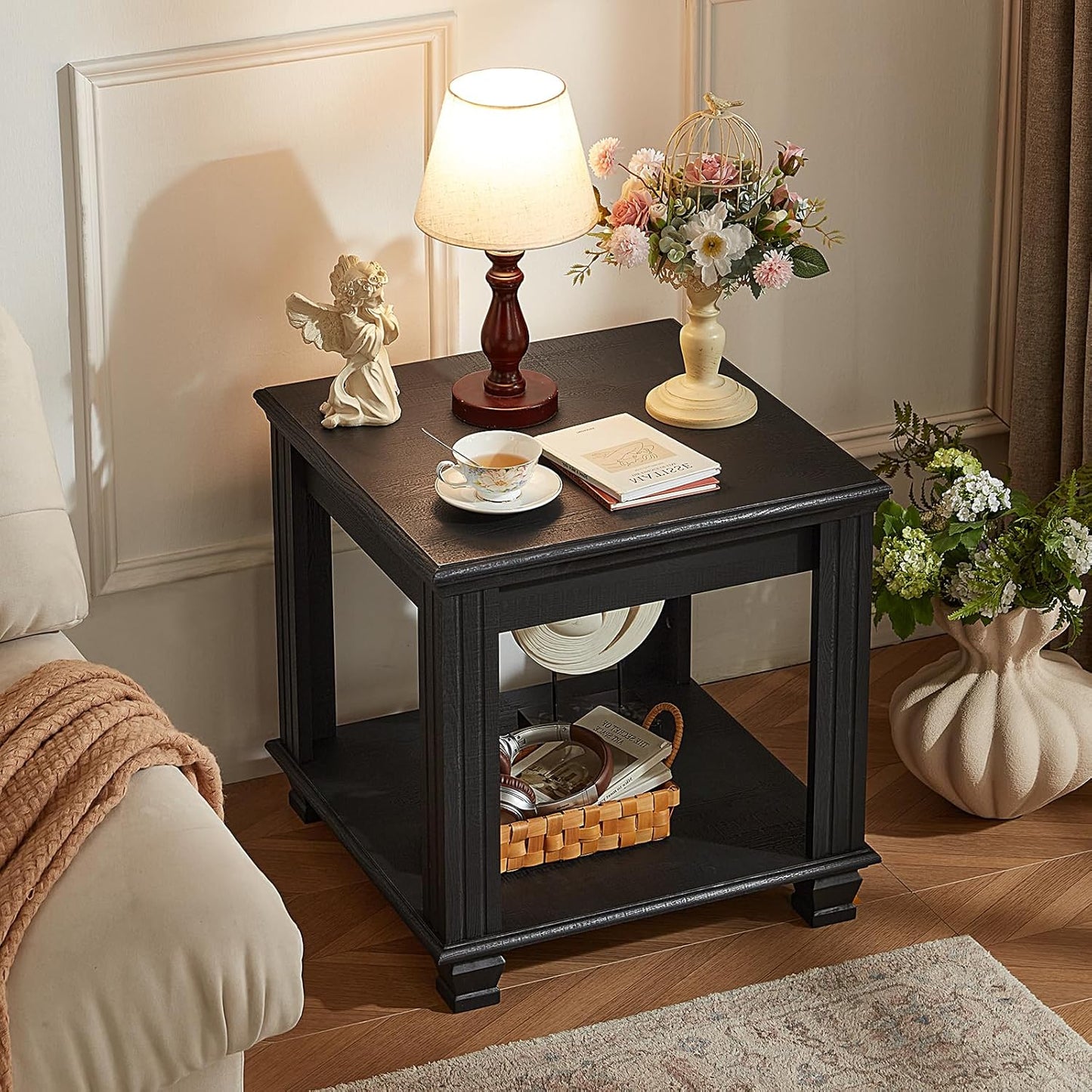 Farmhouse End Table,Large Side Table with 2-Tier Storage Shelf,Rustic Wood End Tables for Living Room,Square Tea Table,Black