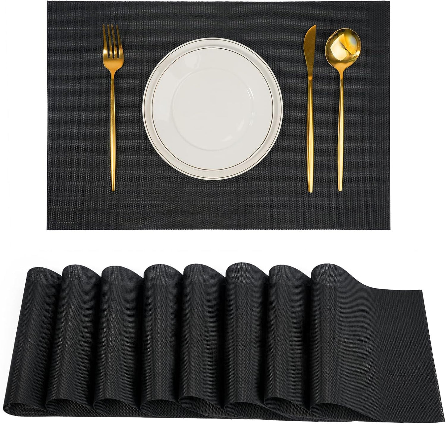 Placemats Set of 8，Non-Slip PVC Weave Table Mats Easy to Clean，Heat Resistant Place Mats for Kitchen Dining Table Decoration Indoor Outdoor，Black