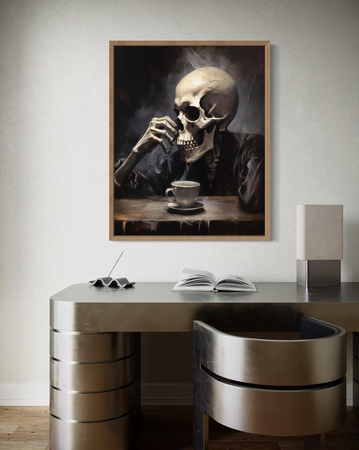 Skull Drinking Coffee Poster Art Print, Halloween Scary Vintage Wall Art Academia Spooky Painting Decoration for Horror Prints, Gothic Posters Bedroom Decor 89 (Skull Drinking Coffee, 11 x 14 inches, Wood Frame)