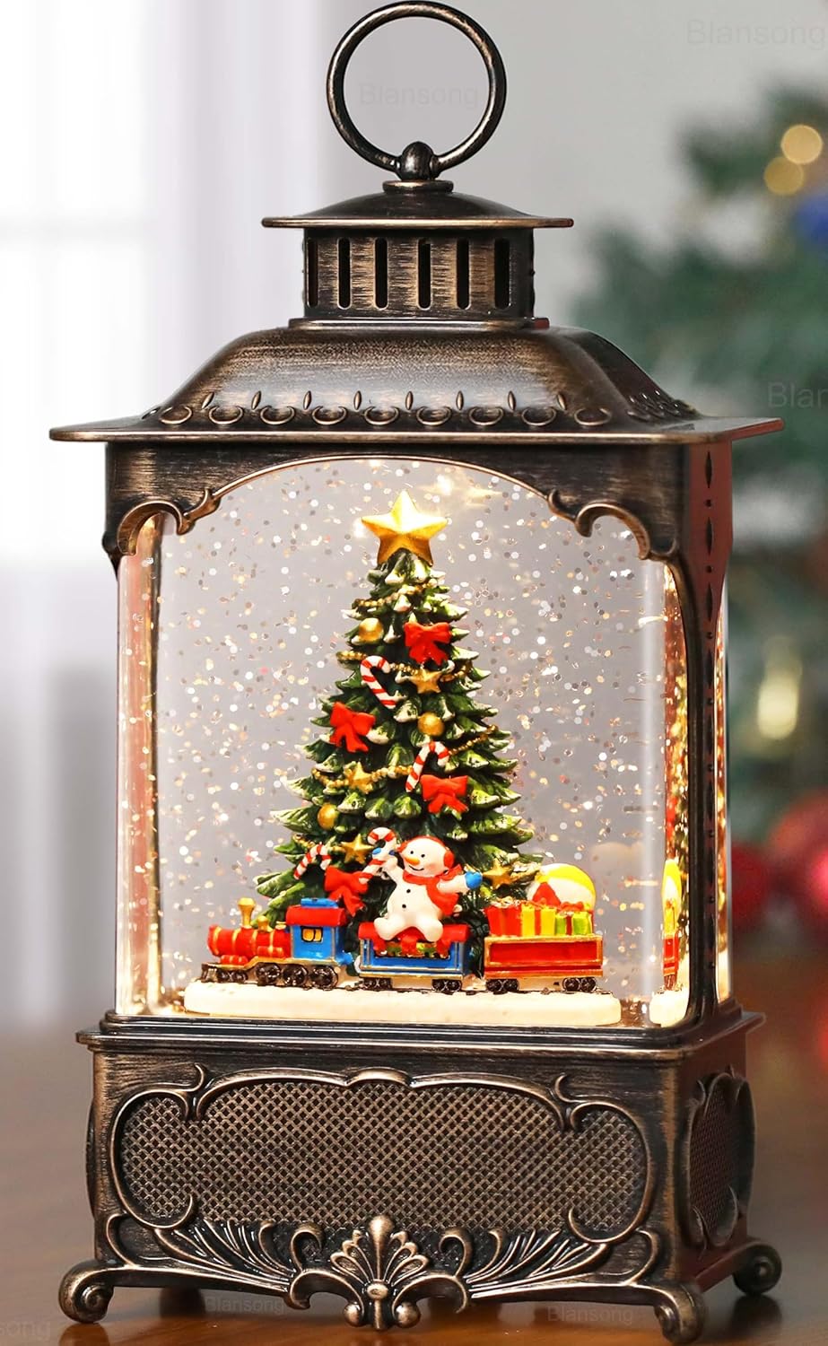 Christmas Tree Snow Globe Lantern Christmas Decorations Gifts Auto Snowfall Glitter Music Collection Snowman Train Candy Cane with 6H Timer USB/Battery Powered 10.2 inch