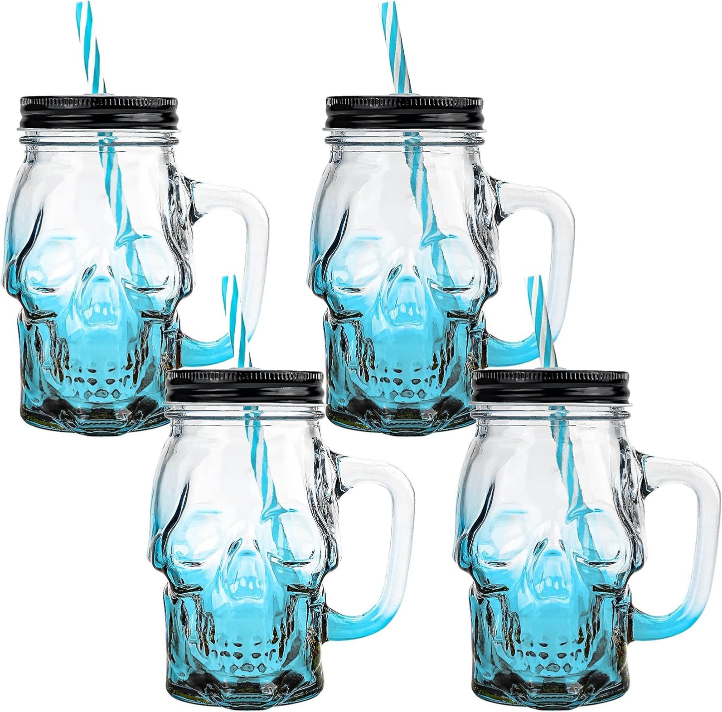 Halloween Cups Set of 4 - Blue Skull Glass Drinking Jar with Lids and Straws - Halloween Decor, Drinking Glasses 16 oz