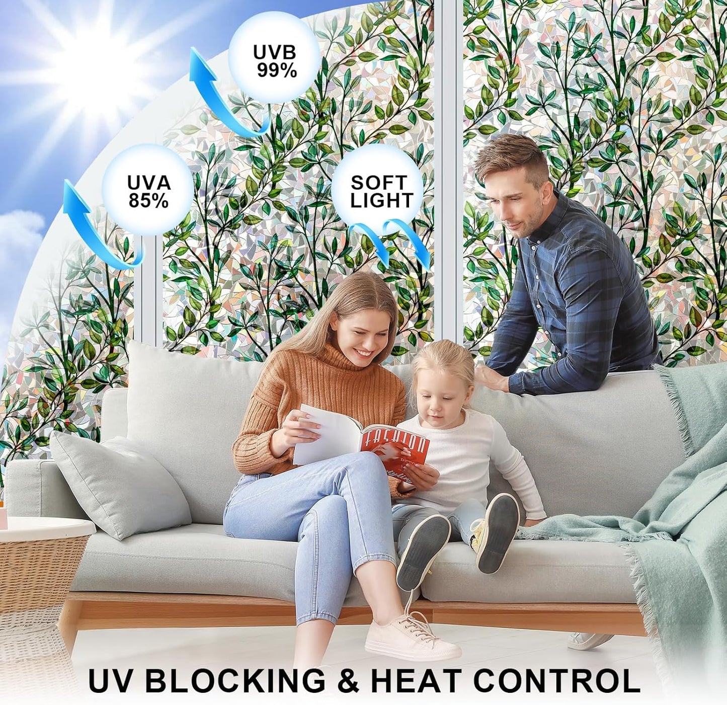 Rainbow Window Privacy Film 3D Leaf Decorative Stained Glass Window Film Anti UV Non-Adhesive Reusable 23.6" x 157.4" for Home Room Car Glass Cling