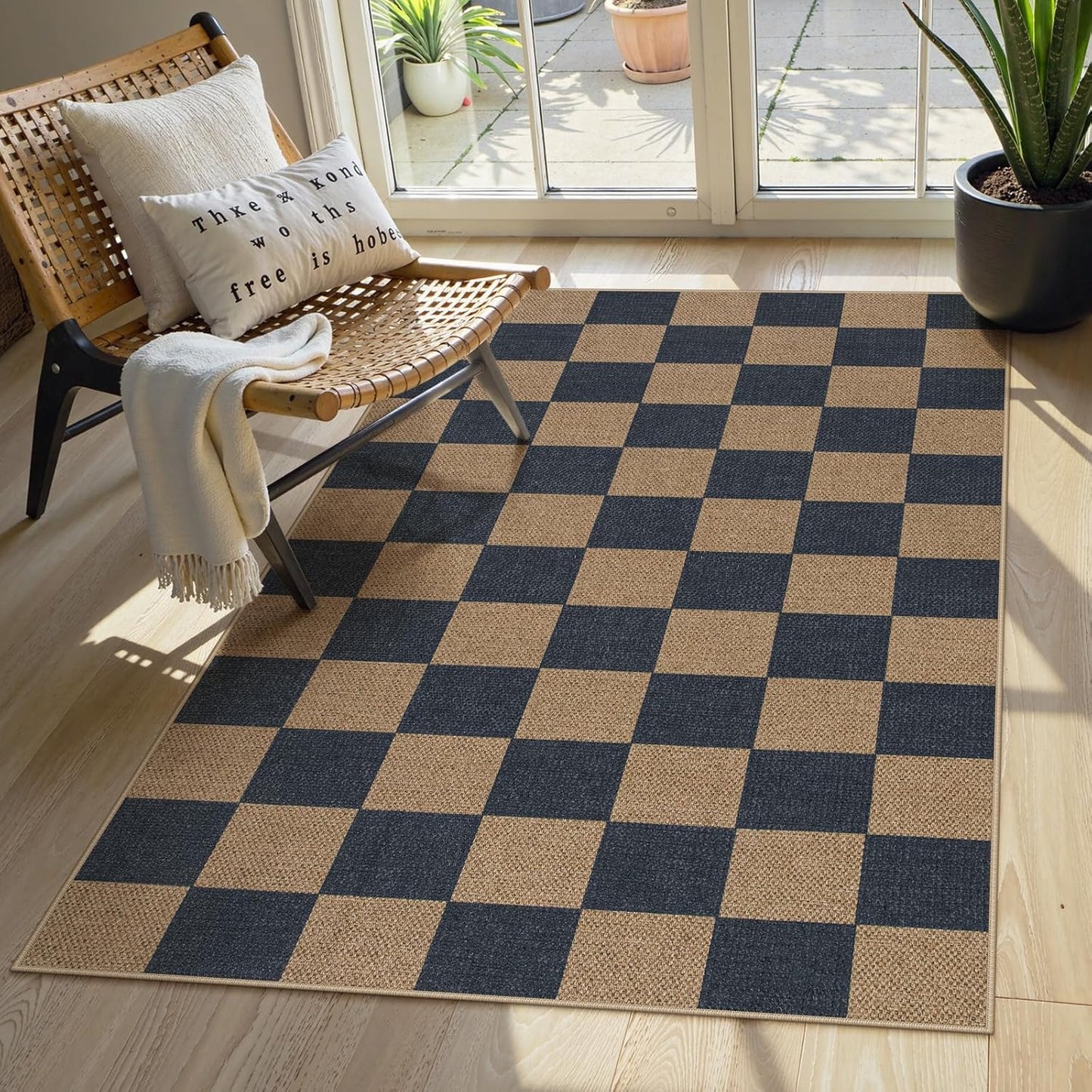 Lahome Checkered Easy Jute Indoor Outdoor Carpet, 3x5 Washable Rugs for Entryway Living Room Farmhouse Area Rug, Non Slip Blue Checkerboard Indoor Door Mat for Entry Patio Deck
