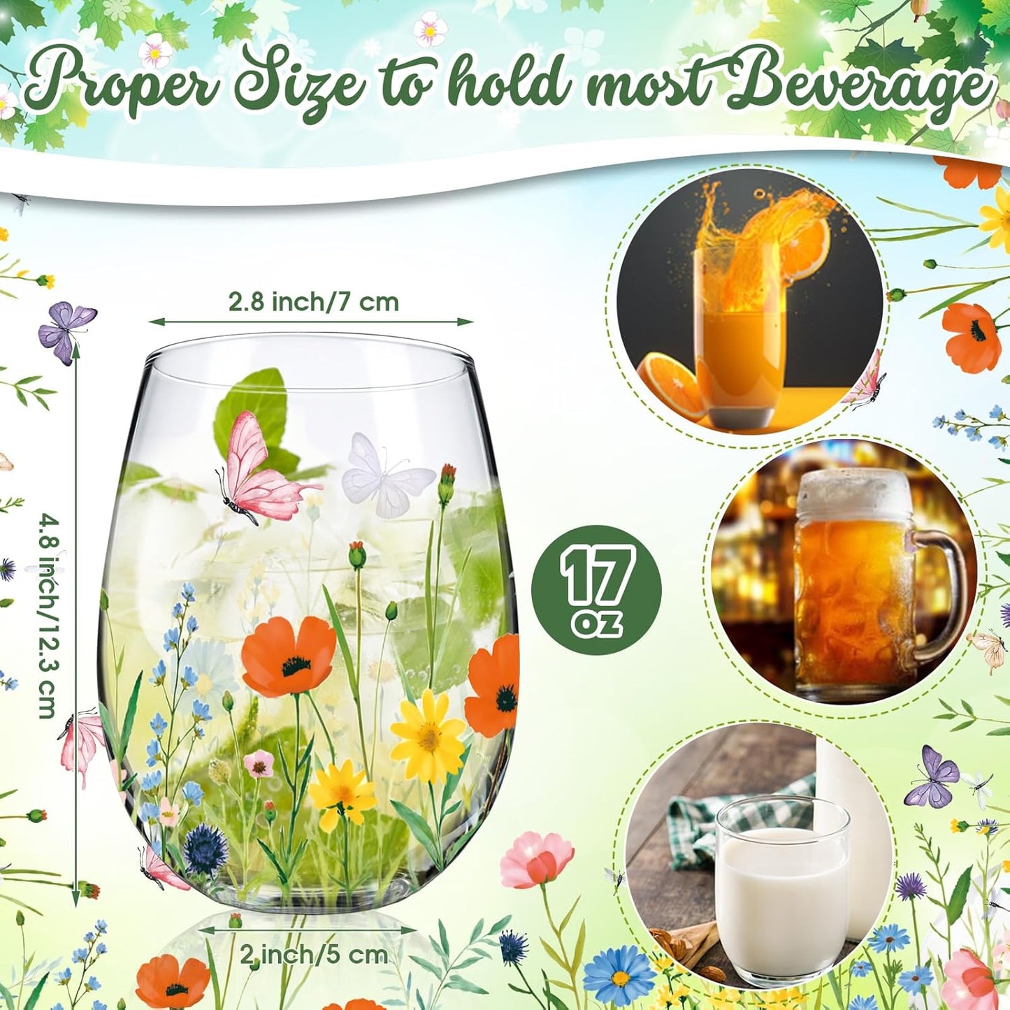 Sliner 2 Pack 17oz Wildflower Stemless Wine Glasses Floral Butterfly Drinking Glasses Spring Flowers Tumbler Cups for Graduation Wedding Mother's Day Birthday Drinking Party Favors