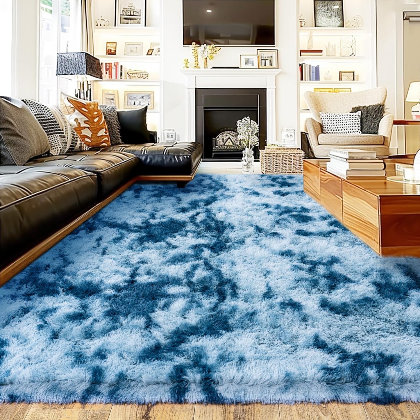 Rzutan Extra Large Rugs for Living Room 9x12, Soft Shaggy Modern Shag Area Rug for Bedroom, Upgrade Non-Slip Plush Fluffy Carpet for Kids Boys Girls Room Home Decor Aesthetic,Peacock Blue