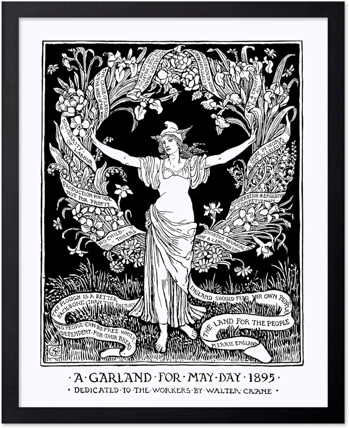 Poster Master Vintage Walter Crane Poster - Retro A Garland for May Day Print - Socialist Art - Gift for Him, Her, Men, Women - Wall Decor for Home, Office, Living Room, 11x14 Black Framed