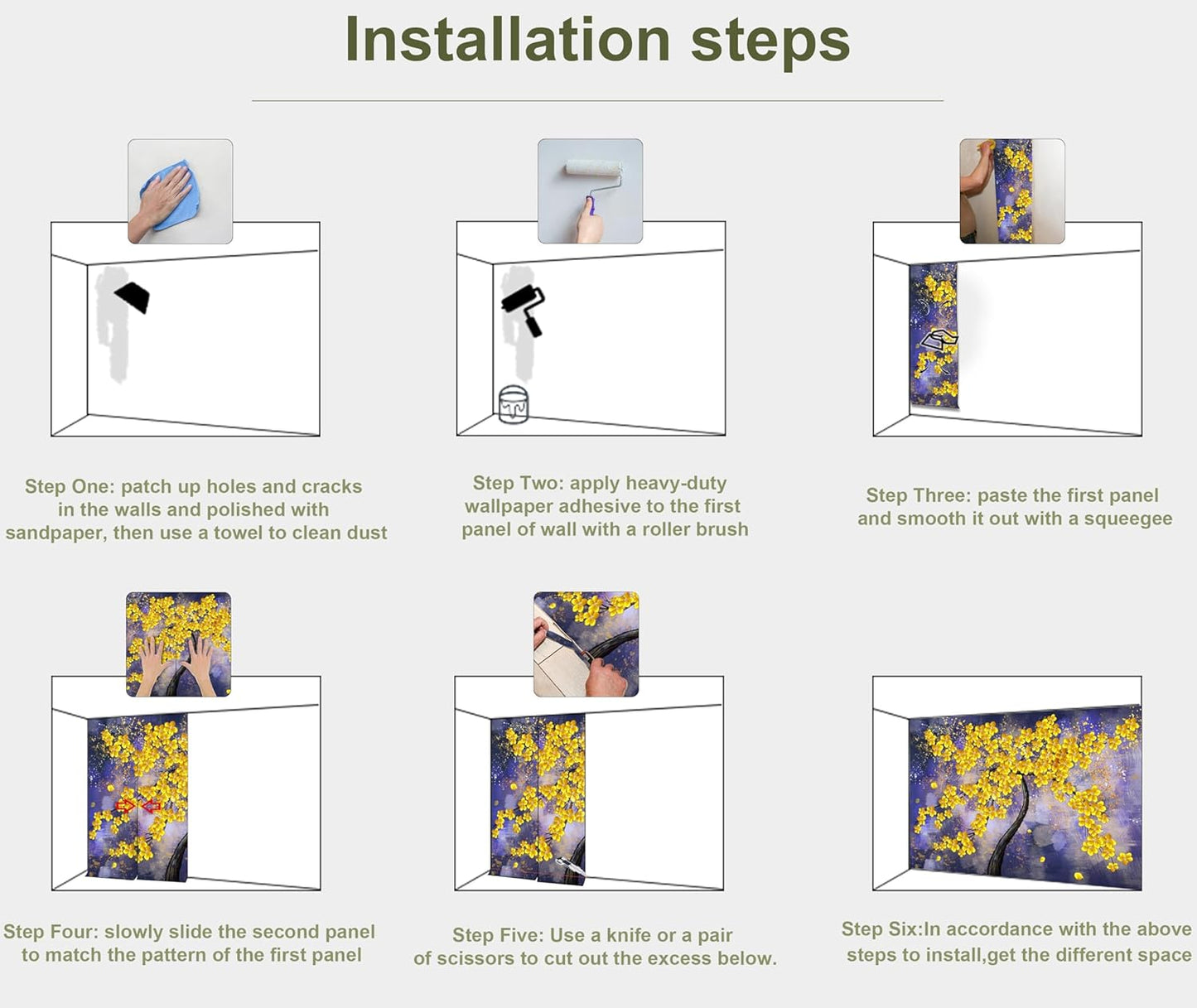 Yellow Flower Tree Wall Mural Purple Background Wall Decor for Bedroom Livingroom(Not Peel and Stick)