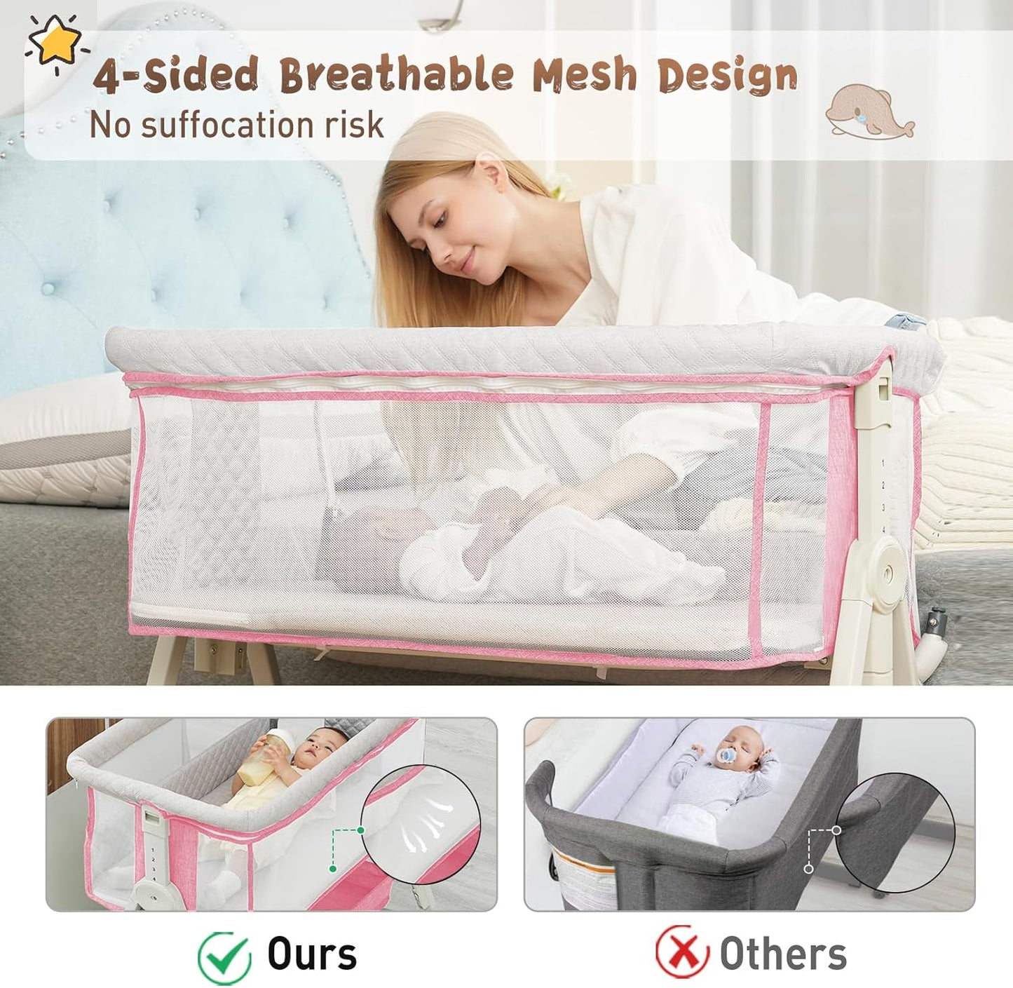 Baby Bassinet Bedside Sleeper for Baby,Bedside Bassinet with Wheels and Storage Basket, 6 Height Adjustable Bedside Crib(Upgrade Pink)