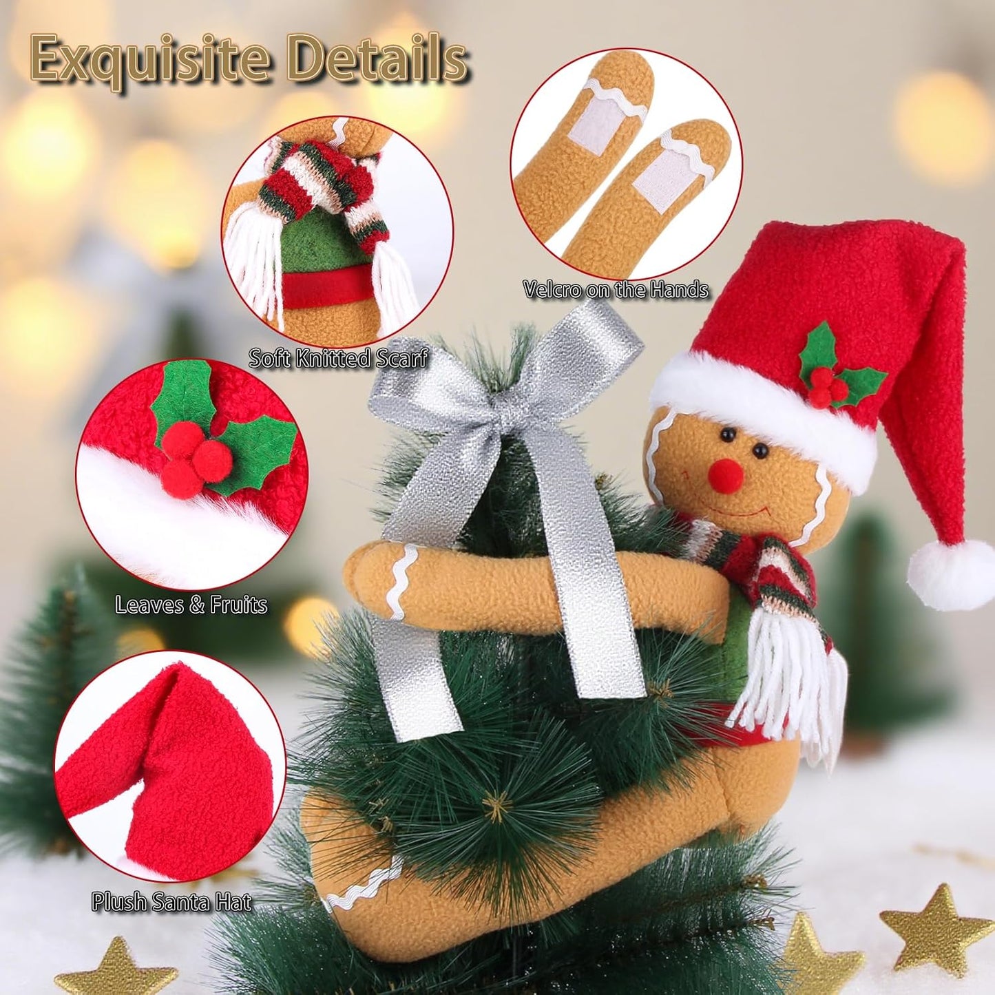 Gingerbread Man Christmas Tree Topper Decorations, Unique Funny Tree Topper Xmas Plush Stuffed Santa Hat Gingerbread Hugger Decor for Christmas Tree Wine Bottle Curtain Ornaments Holiday Home Decor