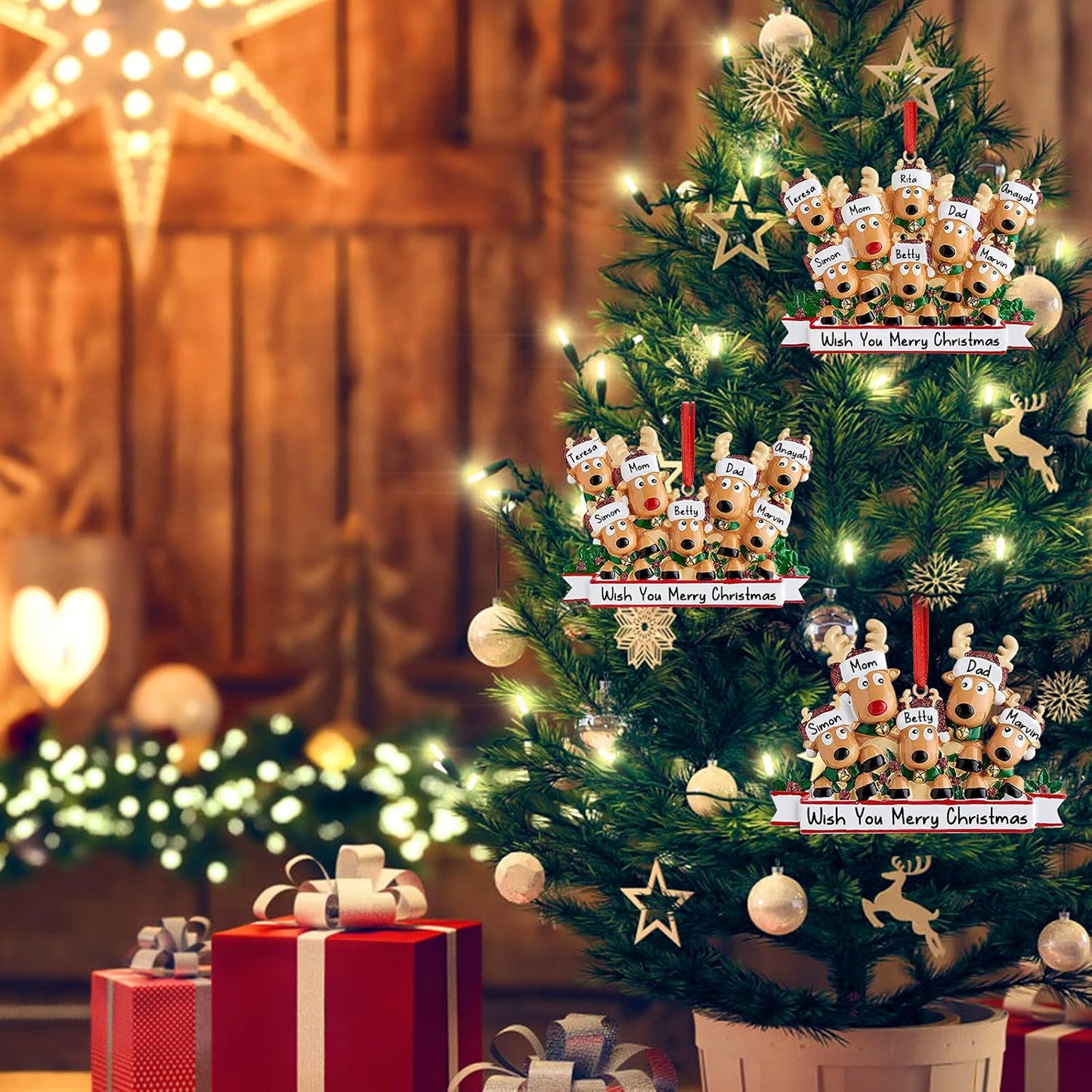 Personalized Deer Christmas Ornaments 2025 Family of 2,3,4,5,6,7,8 Custom Name Reindeer Xmas Ornament with Text,Customized Christmas Decoration Gifts - Family of 8