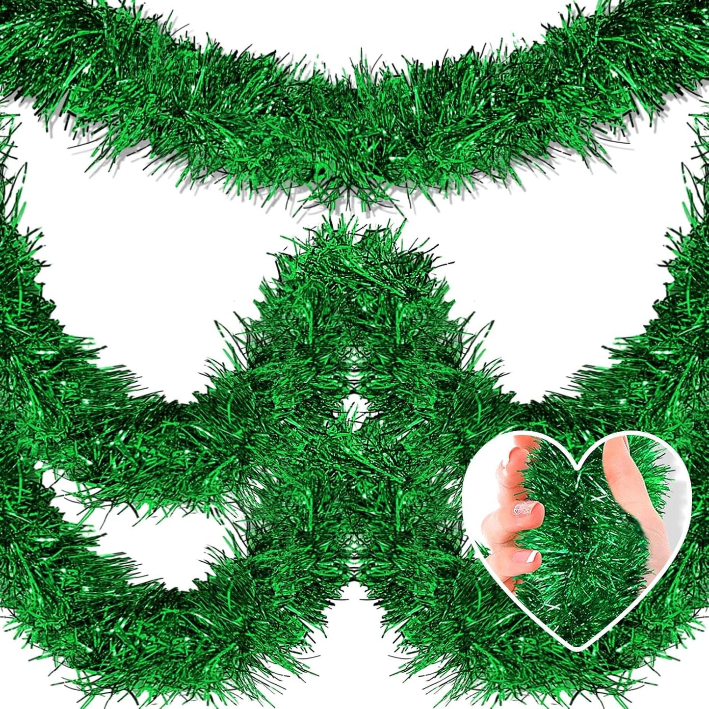 25 Feet Metallic Twist Tinsel Garland Backdrop for Parade Floats, Christmas Eve, New Year, Valentine's Day Party Decorations (Green, 4in x 25ft)