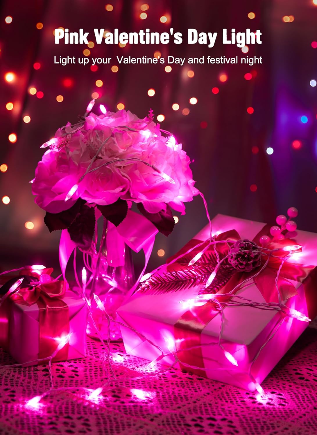 Battery Operated Christmas String Lights, 8ft 20 LED Mini Lights with Timer, Christmas Tree Lights for Indoor Outdoor Bedroom Wedding Party Holiday Xmas Decoration，Pink