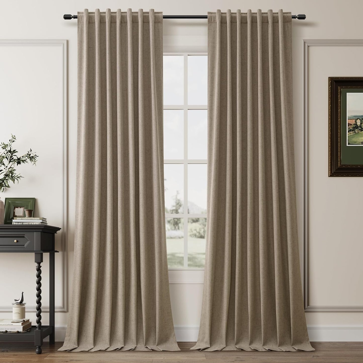 BOODII Matcha Brown Linen Blackout Curtains for Bedroom 84 Inch Length 2 Panels Set Room Darkening Curtains Black Out Curtain Neutral Thermal Insulated Living Room Winter Window Drapes Back Tab 52x84