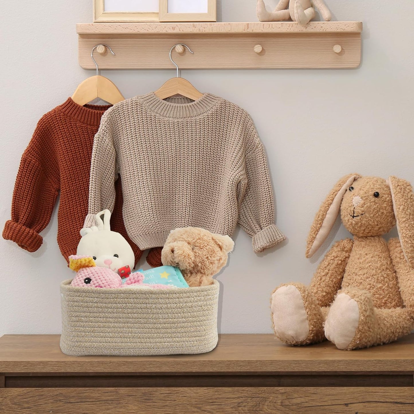 Small Woven Storage Baskets 12“X8”X5“ Decorative Rope Bins for Organizing Shelves, Closets, and Toys, Empty Gift Baskets, Cute Organizer Basket for Home and Office (oatmeal, regular)