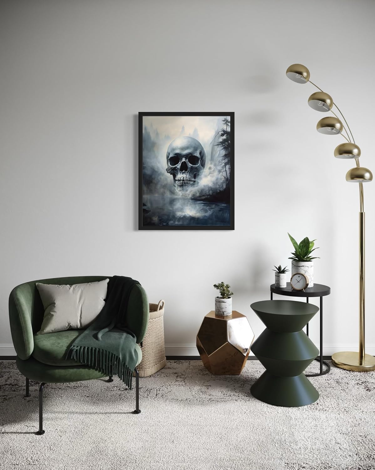 Foggy Skull Poster Art Print, Halloween Scary Vintage Wall Art Academia Spooky Painting Decoration for Horror Prints, Gothic Posters Bedroom Decor 89 (Foggy Skull, 16 x 20 inches, Black Frame)
