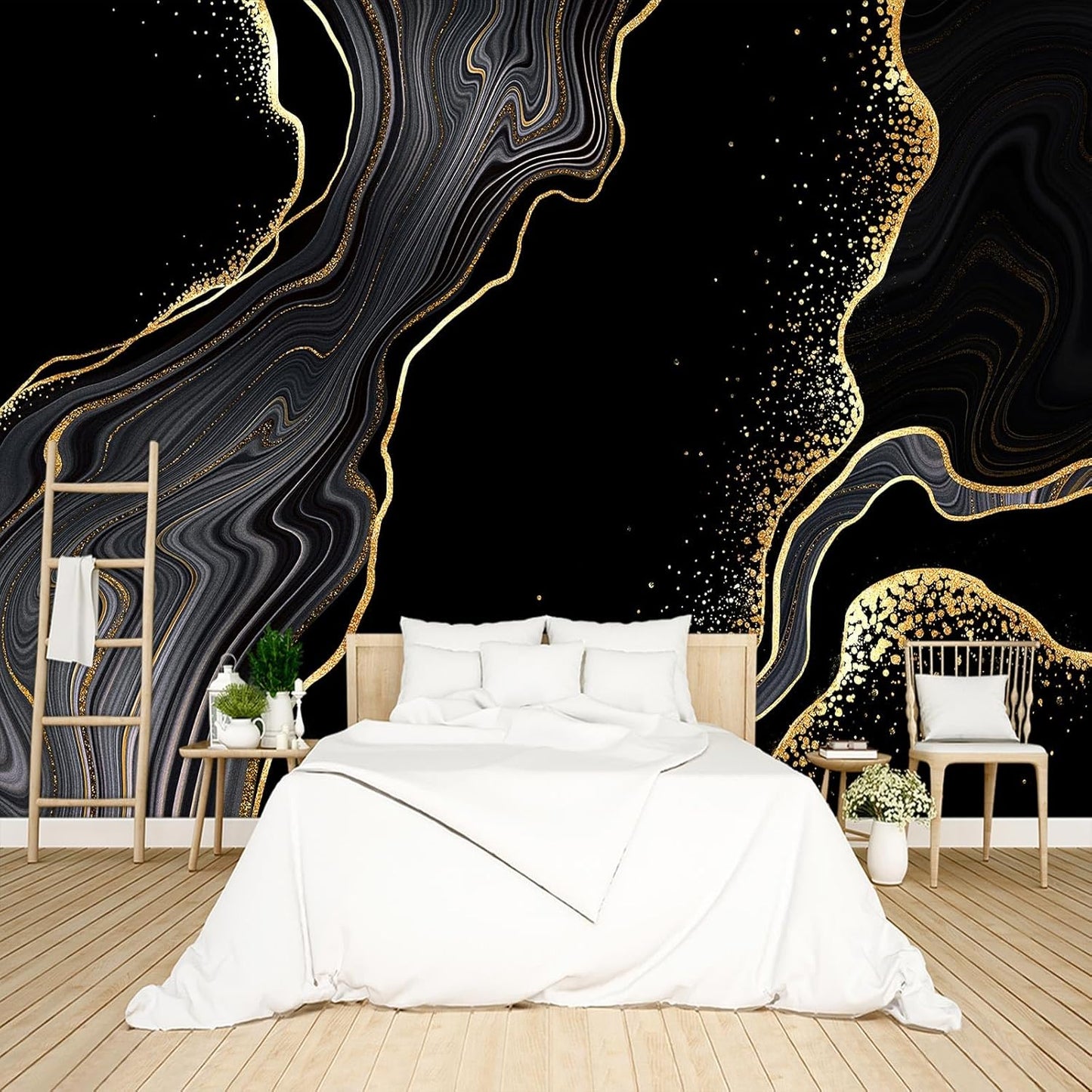 Black and Gold Marble Wallpaper Peel and Stick Wall Mural for Bedroom Living Room - 96"x137"