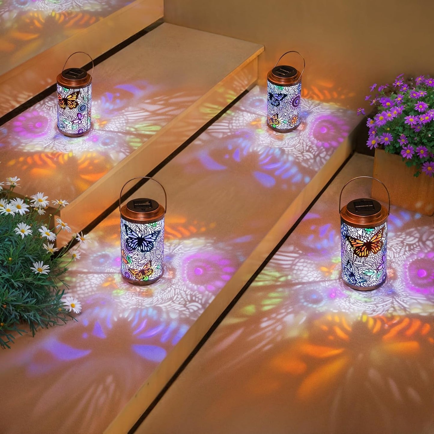 2Pack Solar Lanterns Outdoor Waterproof Colorful Butterfly Garden Gifts for Women, Multicolor Solar Outside Lights Patio Lantern for Yard, Backyard, Porch, Mothers Day Gifts for Mom Grandma Wife