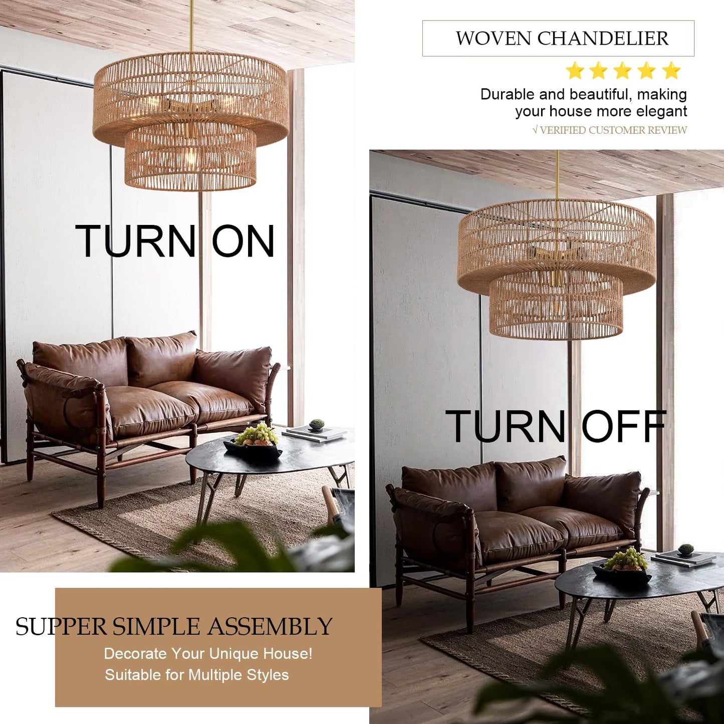 23.62" 6-Light Rattan Farmhouse Chandelier, Boho Large Pendant Light, Large Wicker Chandelier Light Fixtures, Hand Woven Chandeliers, for Dining Room