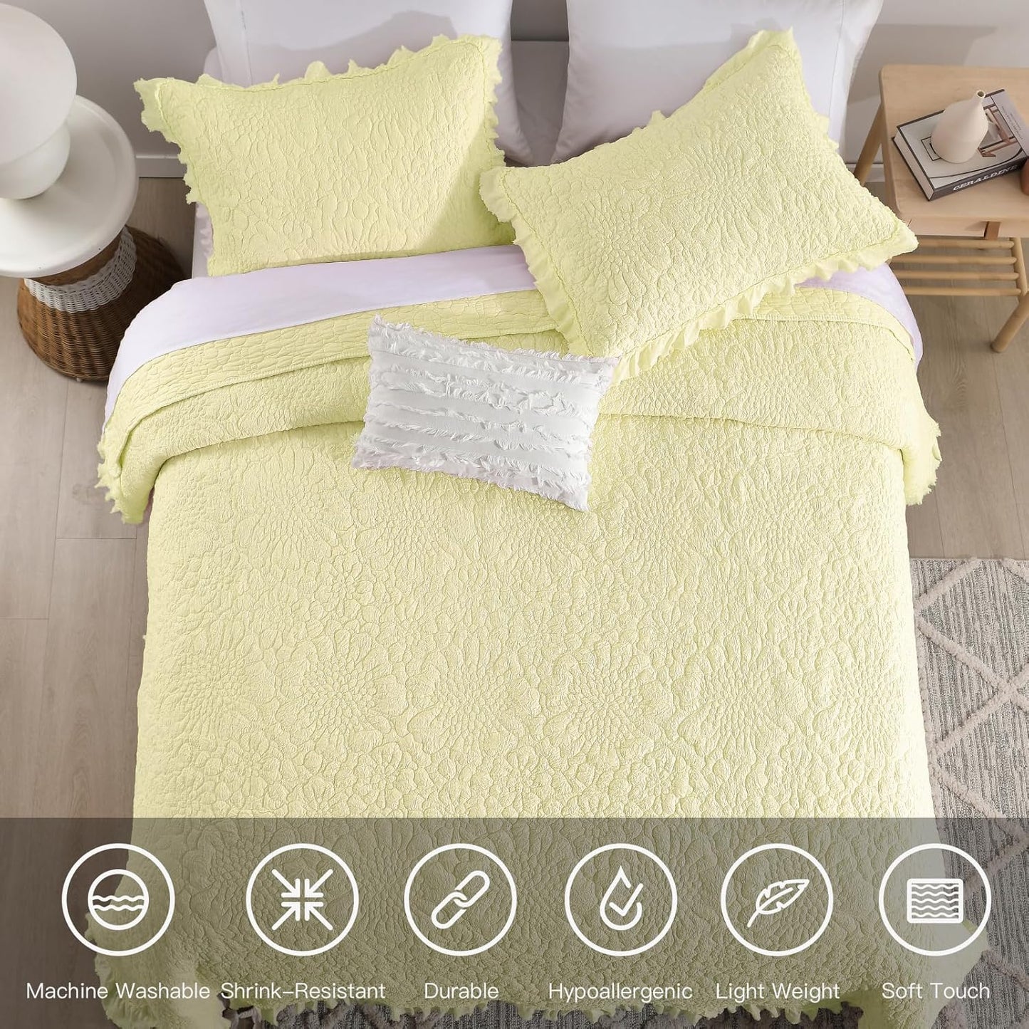 Light Yellow Ruffled Quilt King Size, Stone-Washed Microfiber Lightweight Crinkled Farmhouse Rustic Shabby Chic Bedding Set, 3 Pieces Reversible Bedspread Coverlet with Pillow Shams for All Season