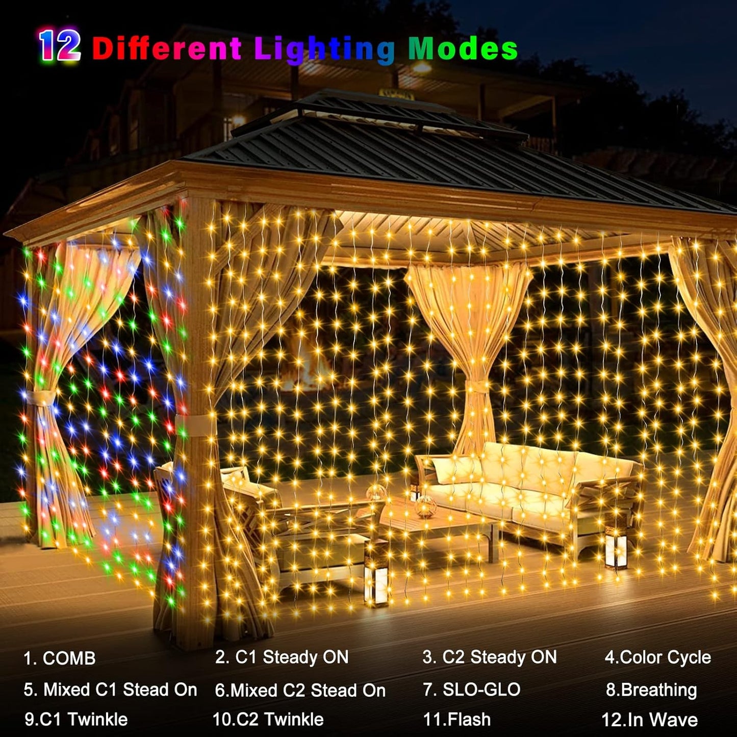 300 LED Fairy Curtain Lights 2 Color Changing, 9.8Ft x 9.8Ft Hanging Lights Battery Operated with Hooks, Outdoor Curtain Light Waterproof for Party Backdrop Patio Decorations (Warm White & Color)