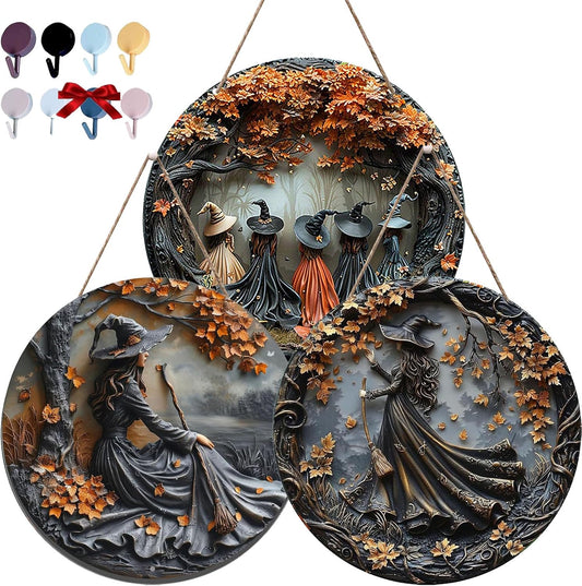 Fanyil/Olygee/Sherum/Shirem/Pubyfun/Glosrity/Libilin/Graddi/Solymody/Gowebs/Goredny/Vianys Witching Hour, Door Way Hanging Decor Halloween, 2D Wooden Round Witches Sign (A+B+C, 11.8")