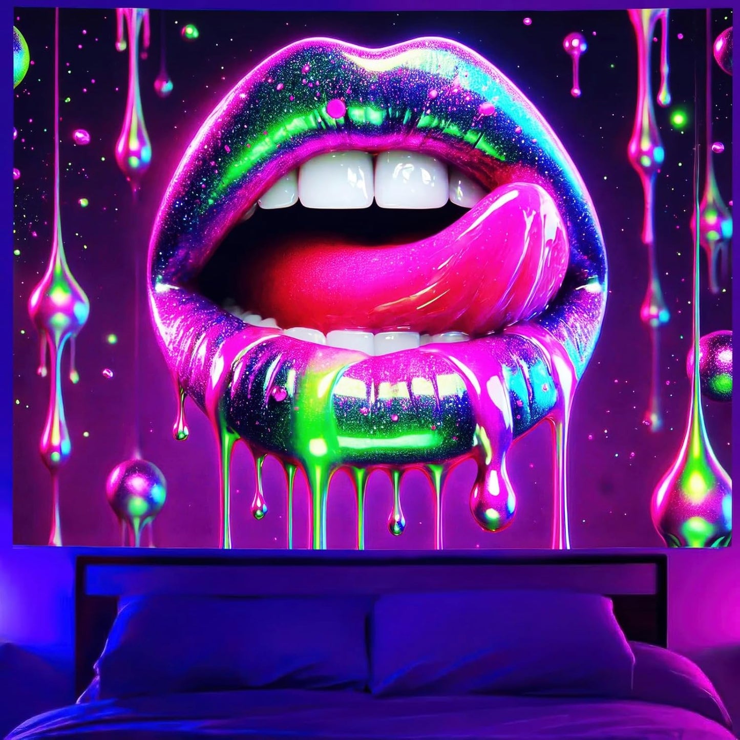 BlissYard Blacklight Tapestry Lip Tapestry UV Reactive Tapestry 78x59 Inch Glowing Tapestry Large Neon Tapestry Posters Wall Hanging for Home Living Room Bedroom Party Photo Shoot Props Decor
