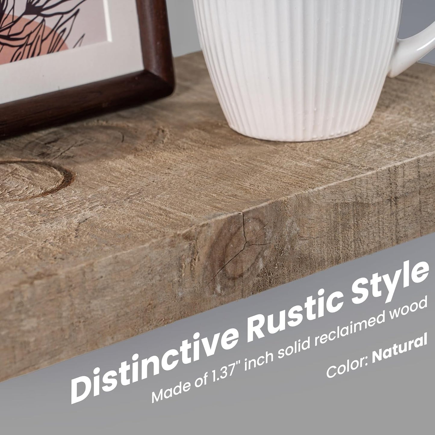 Floating Shelves, 8 Inch Deep Rustic Solid Reclaimed Wood Wall Shelves for Storage, Wall Mounted Display Shelving with Invisible Heavy-Duty Metal Bracket, 24 Inch Width Set of 2, Natural