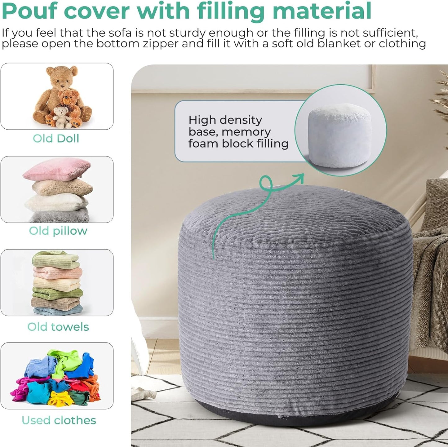 Dual-Size Corduroy Footrest with Hidden Zipper – Ergonomic Memory Foam Ottoman Poufs for Office Desks, Couches & Delicate Floors, Dark Gray 20"x 15"