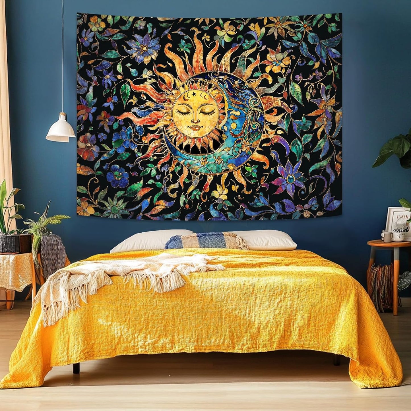 Aipon Sun and Moon Tapestry for Bedroom Boho Hippie Floral Wall Tapestry Aesthetic Vintage Stained Glass Plant Small Tapestries Wall Hanging for Living Room Dorm 48 x 36 Inch