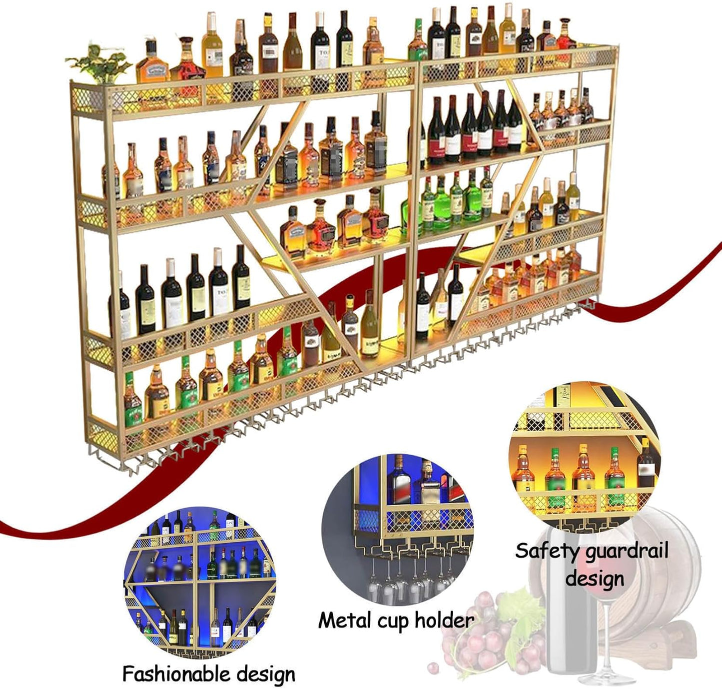 Wall Mounted Wine Rack with Glass Holder, 3-Tier Metal Storage Shelf, Black Diamond Design, Wine Bottle Display with Stemware Storage (Black, 39.37in/Right)