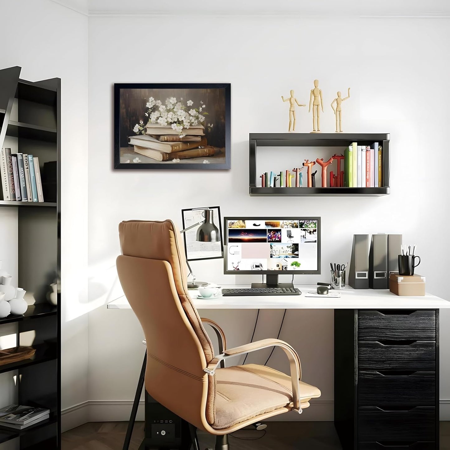 Wood Framed Canvas Poster Print Wall Art, Vintage Floral Book Wall Decor Oil Painting, Dark Academia Room Aesthetics Picture for Bathroom Classroom Dormitory room Decor 12x16 inch