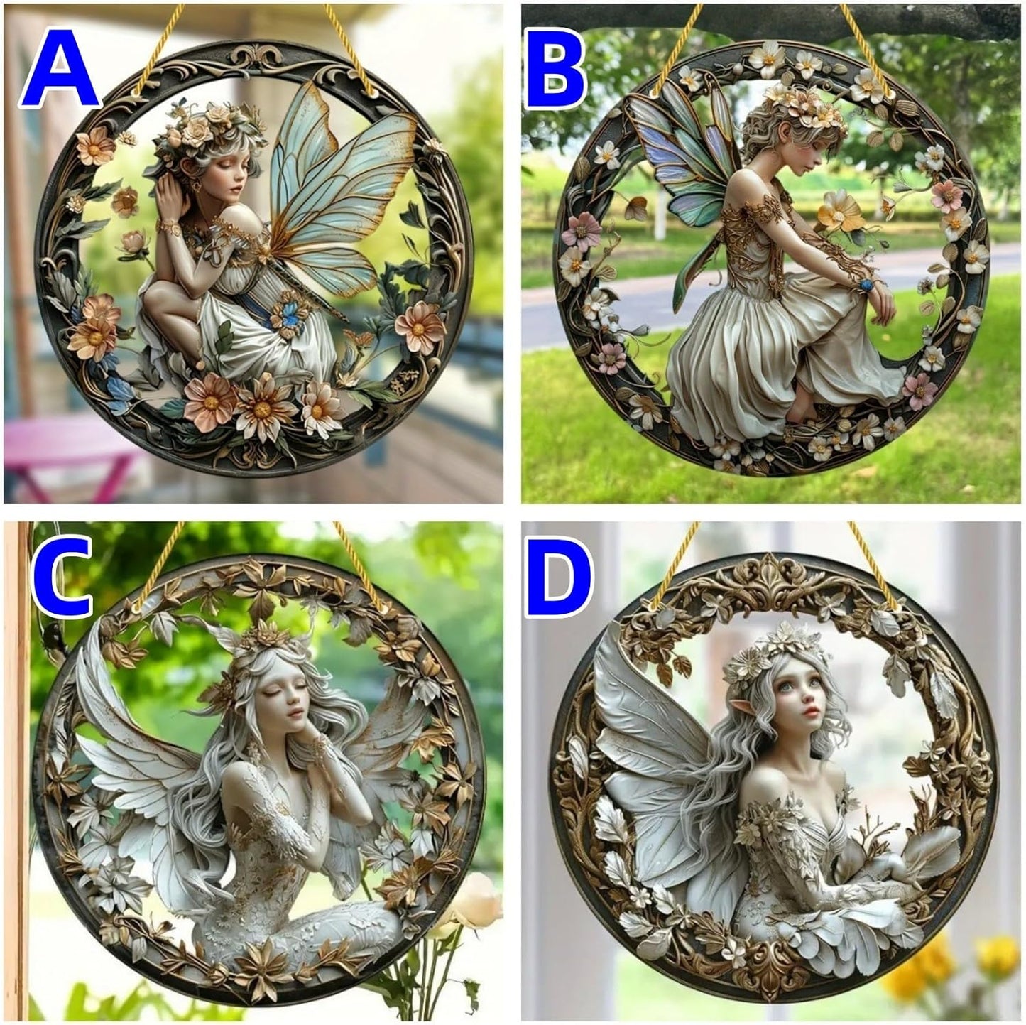 Flower Fairy Garden Decorations Angel Wing Christmas Halloween Deco Statue Art Elf Sculpture Hanging Craft for Outdoor Yard Courtyard Lawn Patio Window Acrylic Ornament Home Gift (A,S: 6*6 IN)