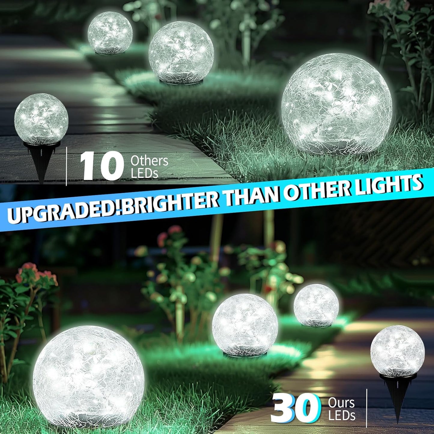 Garden Solar Ball Lights Outdoor Waterproof, 30 LED Cracked Glass Globe Solar Power Ground Lights for Path Yard Patio Lawn, Christmas Decoration Landscape White(2 Pack 3.9'')