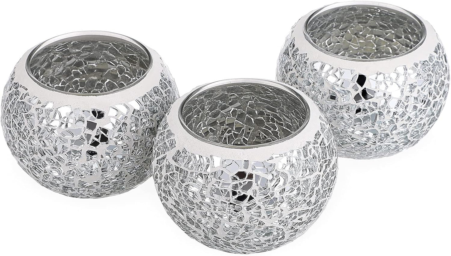 OwnMy 3PCS Mosaic Glass Tea Light Holders Round Bowl Votive Candle Holders Pillar Candle Stands, Silver Glass Mosaic Tealight Holders Potted Plant Bowl Vase Candle Centerpiece for Dining Table Wedding