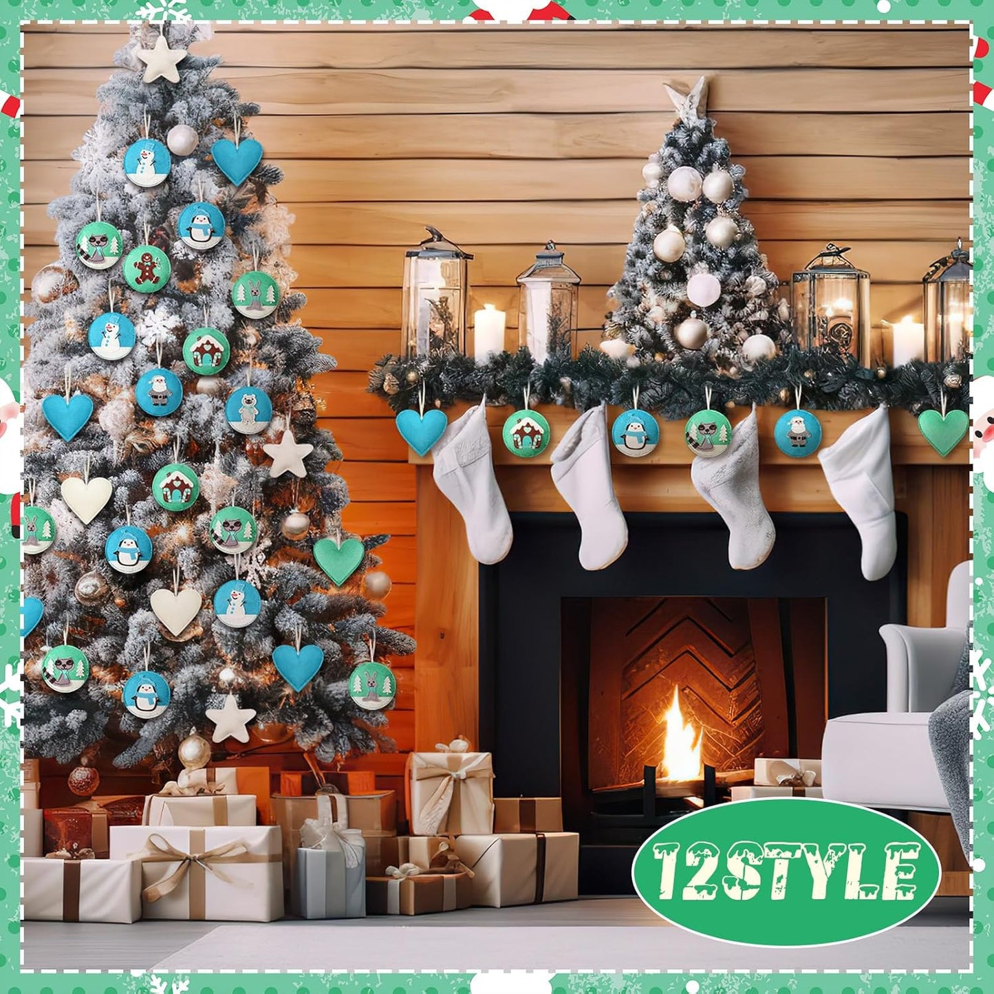 12 Pcs Christmas Felt Ornaments for Tree Santa Claus Snowman Gingerbread 3D White Mint Turquoise Color for Hanging Decoration Felt Craft for Christmas Party Favors Gifts