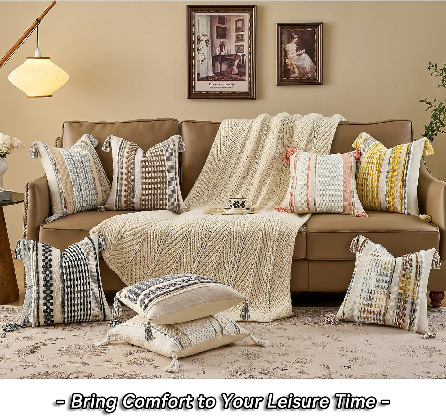 AmHoo Set of 2 Chenille Striped Textured Boho Throw Pillow Covers Aesthetic with Tassels Woven Decorative Pillow Case for Couch Bed Sofa Bedroom Modern Funky 18 x 18-Inch White