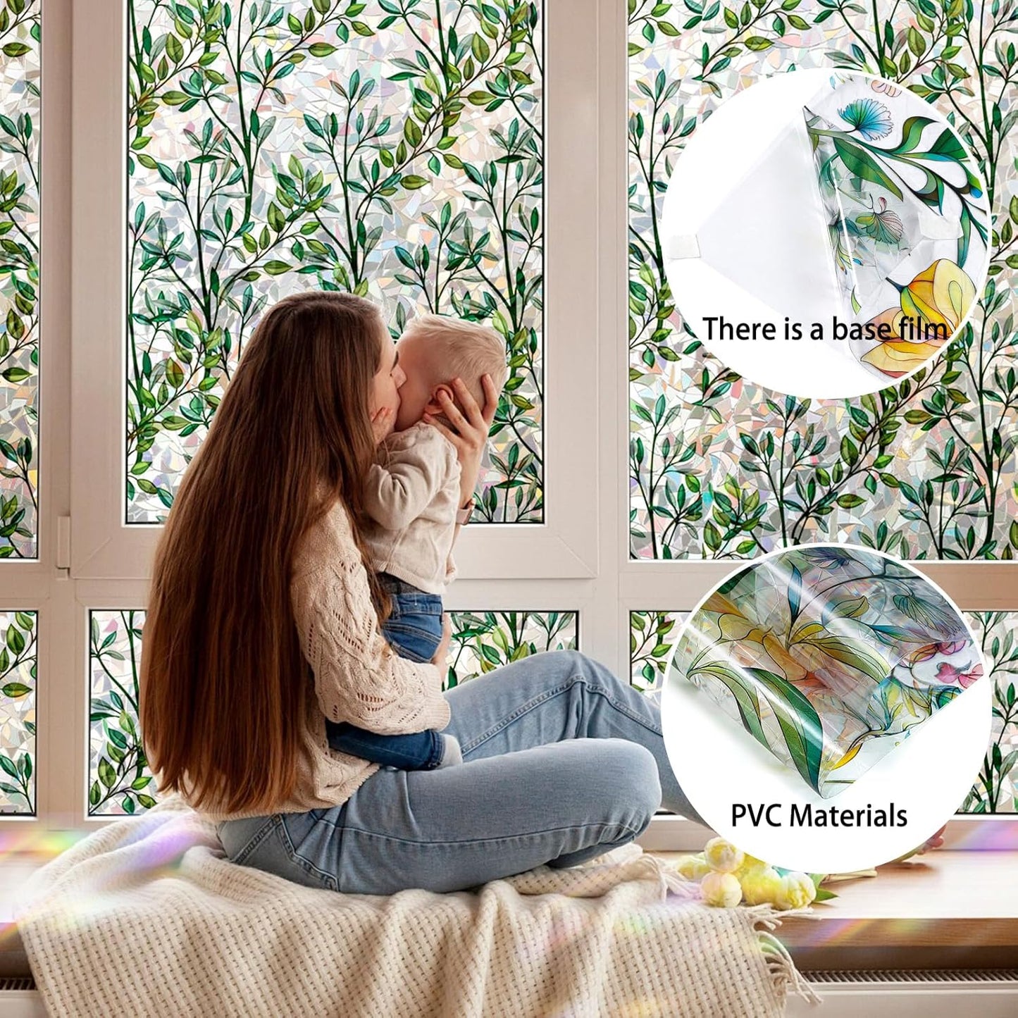 Rainbow Window Privacy Film 3D Leaf Decorative Stained Glass Window Film Anti UV Non-Adhesive Reusable 17.5" x 157.4" for Home Room Car Glass Cling