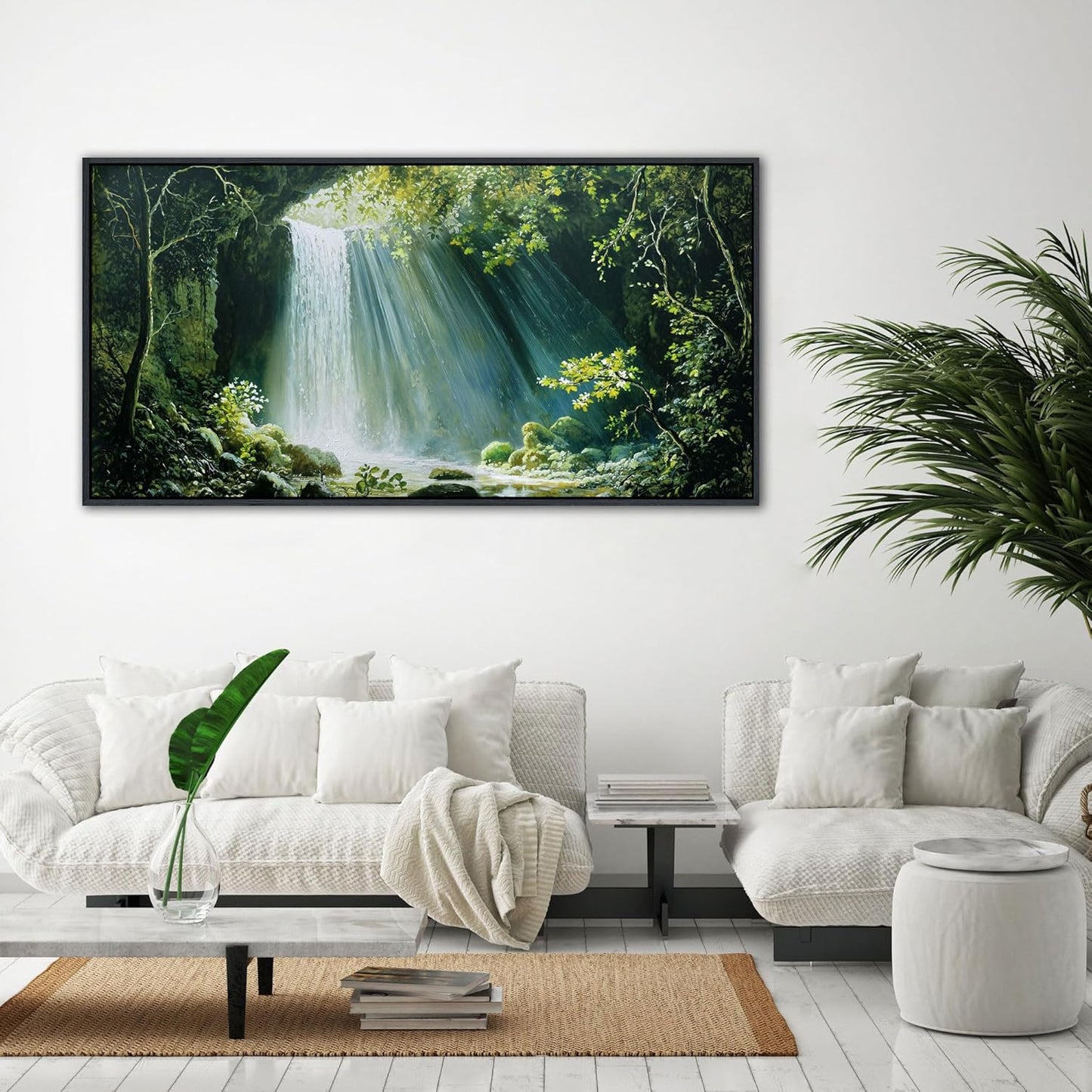 QZQCBLC Large Canvas Wall Art, Waterfall in the Sun Forest Landscape Pictures Artwork Green Valley Stone River Gallery Paintings for Living room Bedroom kitchen Home Office Decor 24x48 IN