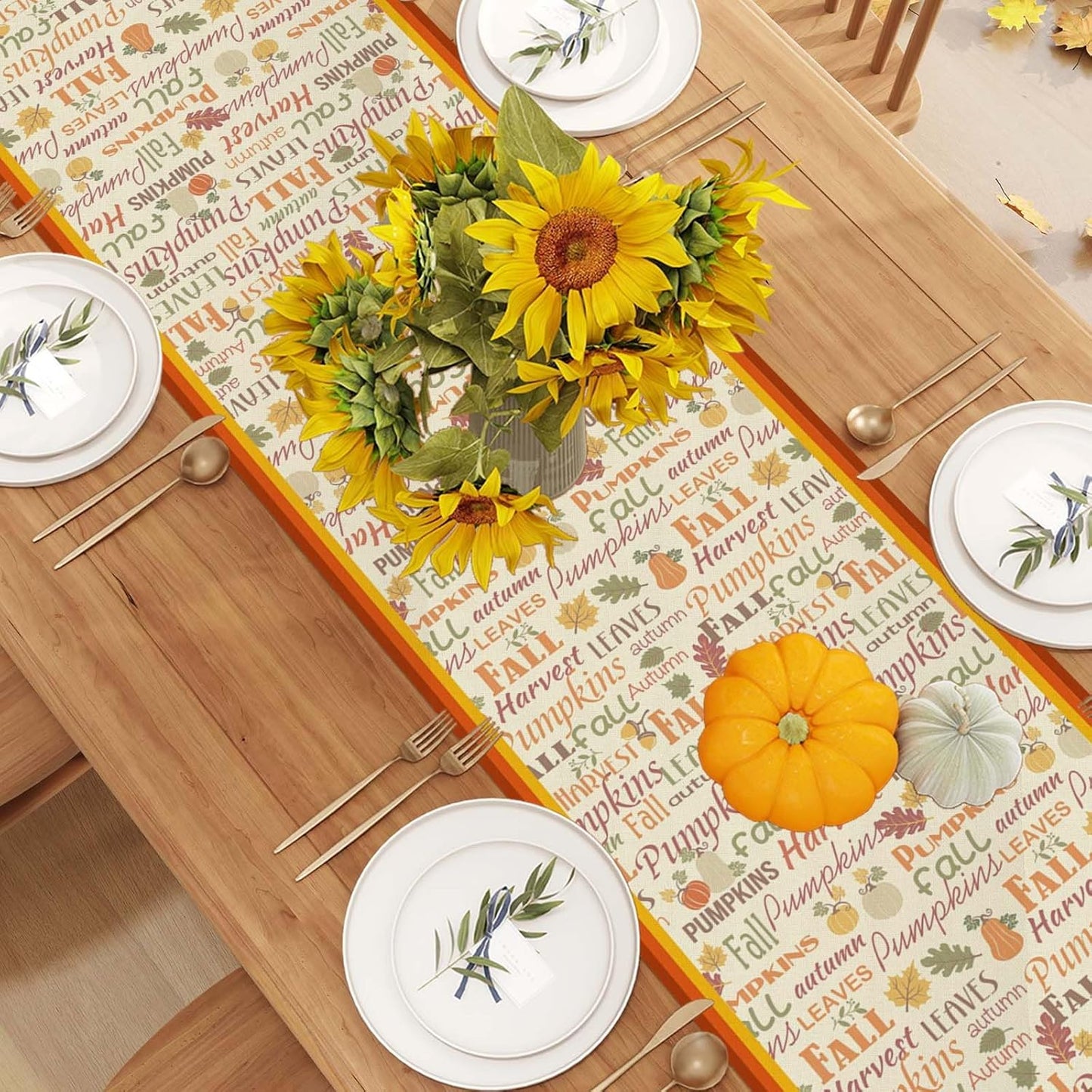 Linen Fall Table Runner - 48 Inch Farmhouse Leaves Pumpkin Table Decor Autumn Thanksgiving Home Kitchen Dining Room Decoration