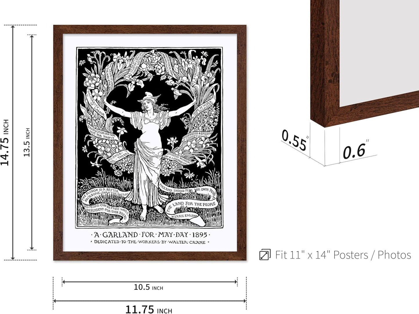 Poster Master Vintage Walter Crane Poster - Retro A Garland for May Day Print - Socialist Art - Gift for Him, Her, Men, Women - Wall Decor for Home, Office, Living Room, 11x14 Brown Framed