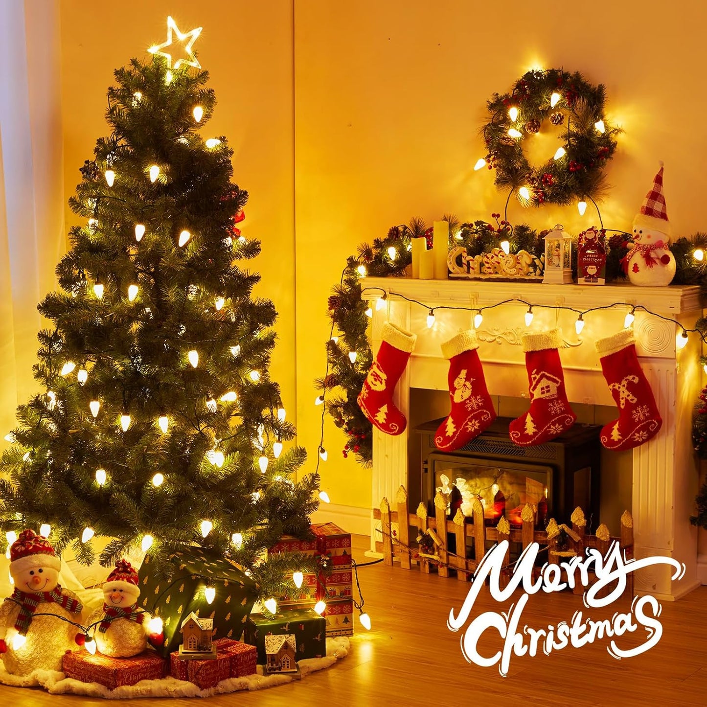 Brightown C9 LED Christmas String Lights, 33ft 50 LED Waterproof Strawberry String Lights, Plug-in Extendable Green Wire Lights String for Outdoor Indoor Patio Party Decoration, (Warm White)