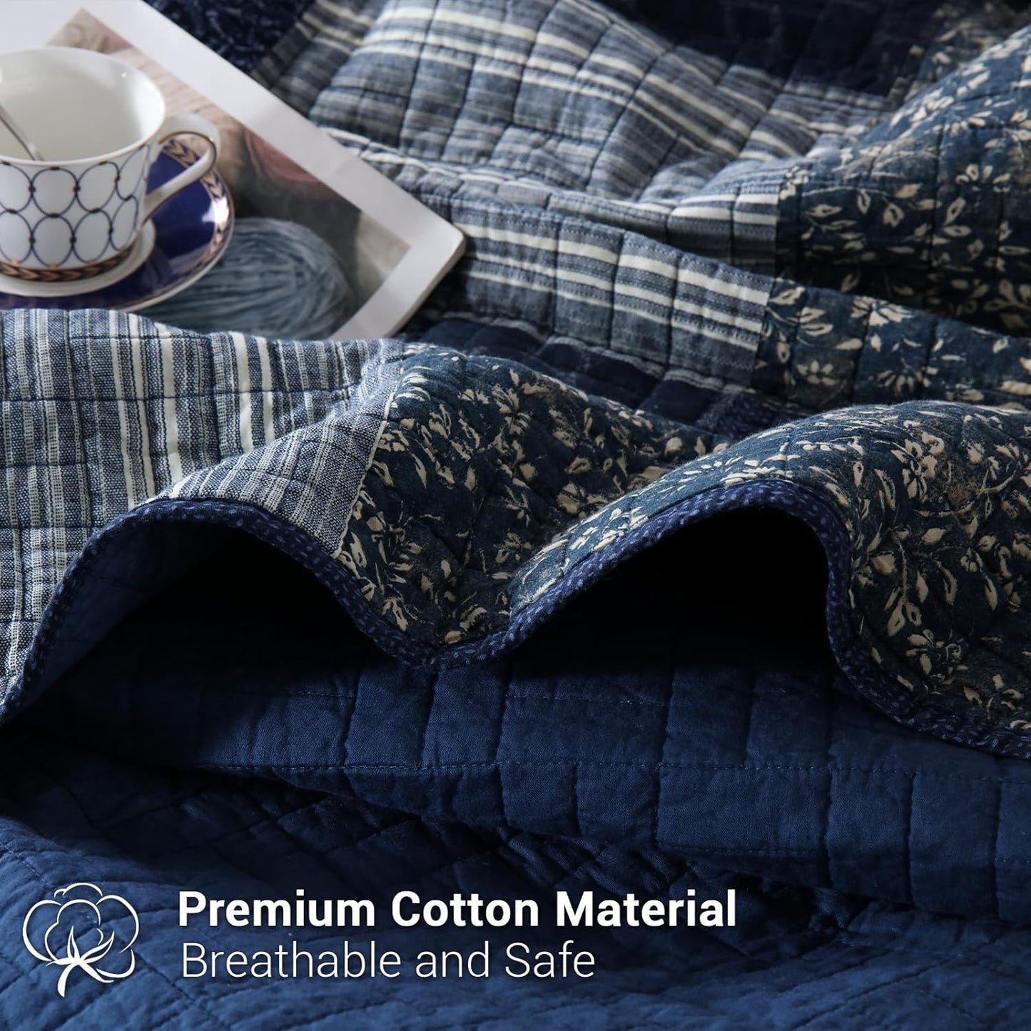 Yvooxny Quilts Queen Size Reversible Lightweight Bedspread 3-Piece Quilt Set Plaid Floral Patchwork 100% Cotton Queen Quilt Set Bedding Set with Pillow Shams for All Seasons, Azure Blue, 90x98''