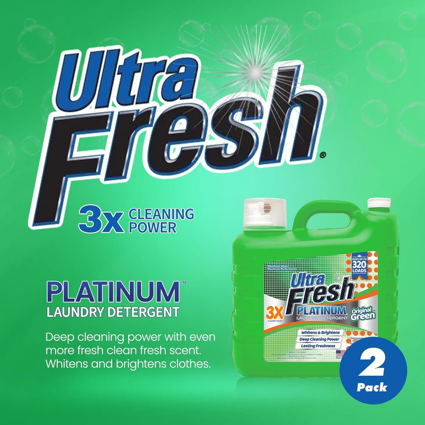 Ultra Fresh 2 Pack 3X Platinum Liquid Laundry Detergent up to 320 Loads, Original Green - Deep Cleaning Power and Fresh Scent for Washing Clothes