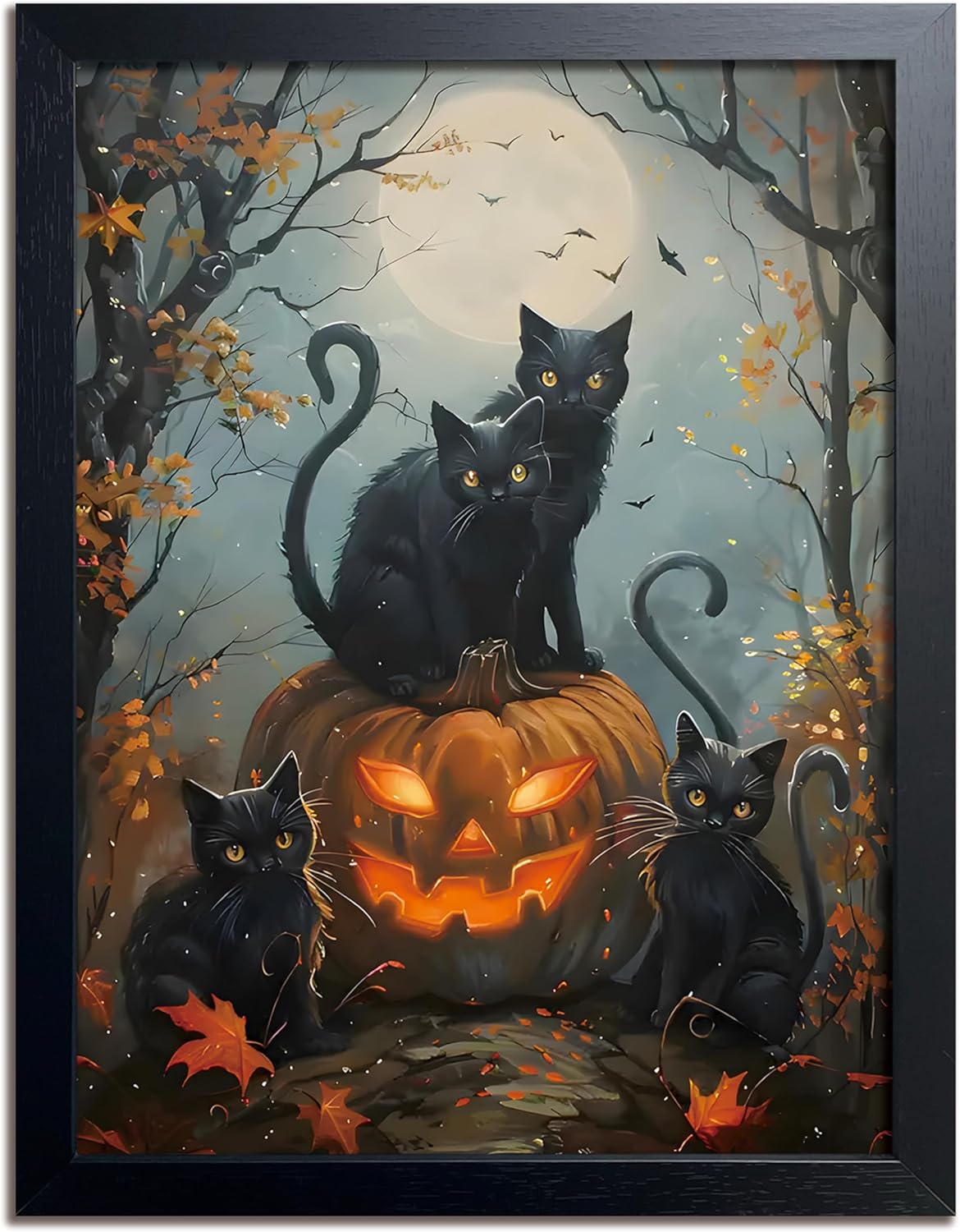 Halloween Black Cat Wall Art, Dark Academia Spooky Pumpkin Poster Wall Decor, Vintage Gothic Witchy Cat Canvas Print, for Bedroom Living Room Aesthetic Decor 16x24 Inch Wood Framed